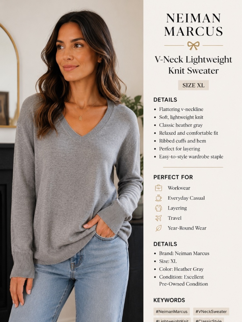 Neiman Marcus V-Neck Lightweight Knit Sweater | XL | Heather Gray